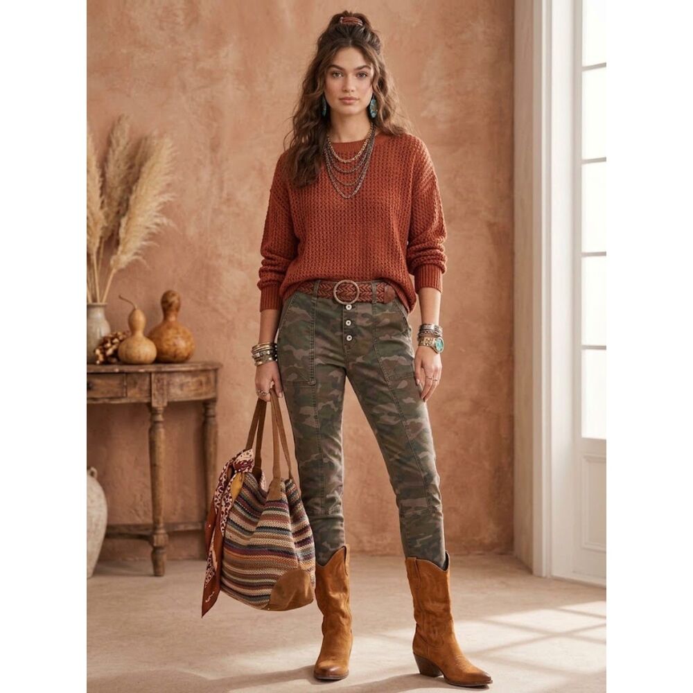 ANTHROPOLOGIE Camo Utility Skinny Jeans Petite Full Length Size 28